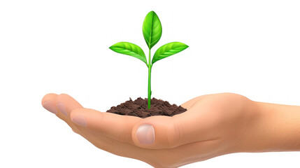 Hand Holding Young Green Plant Growing in Soil Symbolizing Growth, Nurturing, and Sustainability in Nature on White Background