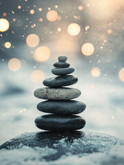 Serene Stones Stacked in Winter Landscape with Soft Bokeh Background