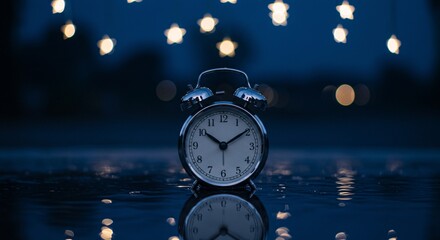 Vintage alarm clock reflecting on water at night with star shaped bokeh lights