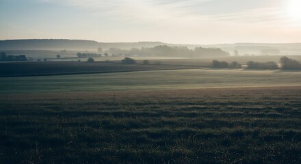 Fototapeta premium Serene sunrise over a misty, expansive farmland landscape.