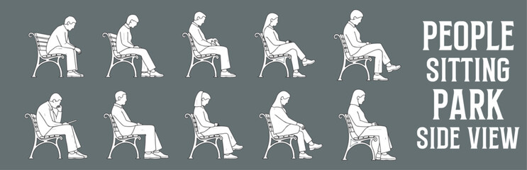 Architectural Drawings people sitting in park vector illustration, side view, human person Minimal style hand drawn. Sections, Elevations, Floor Plans
