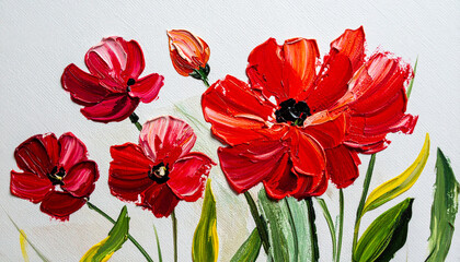 Oil painting of red flowers on white canvas. Palette knife technique. Hand drawn botanical art.