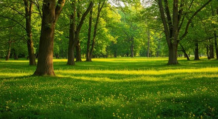 Naklejka premium Sunlit Green Forest Meadow Landscape