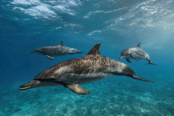 Fototapeta premium serene scene of whales and dolphins swimming gracefully in clear waters of northern coast