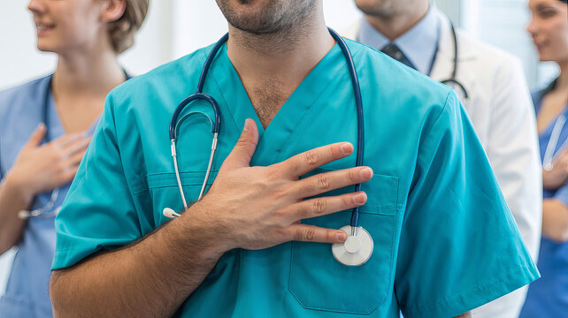 Healthcare Professionals Standing Together: Group of dedicated medical staff, adorned in professional attire, stand shoulder-to-shoulder, a symbol of unwavering commitment and compassionate care.