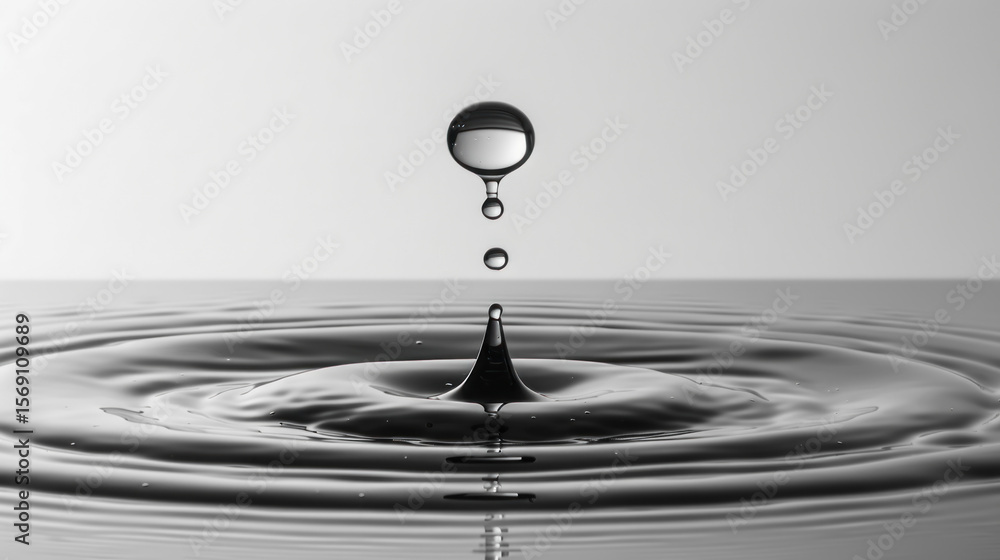 Poster close-up of water droplet creating ripples in calm water surface with soft gradient background