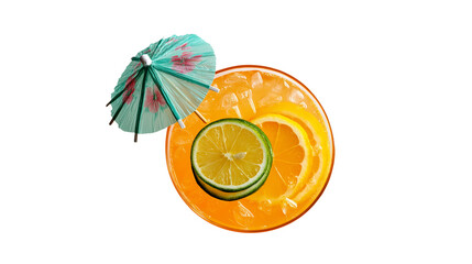 Tropical cocktail with citrus slice and umbrella, top view, vibrant summer drink, isolated PNG
