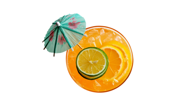 Tropical cocktail with citrus slice and umbrella, top view, vibrant summer drink, isolated PNG