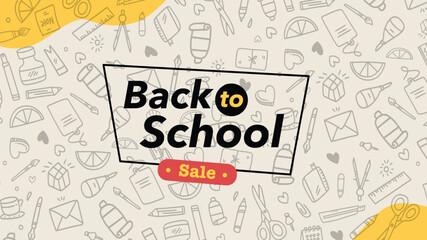 Modern back to school sale banner vector with doodle pattern background and abstract yellow corner design