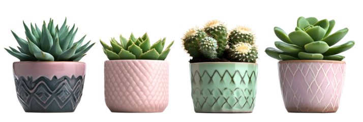 Four stylish potted succulents and cactus arranged against a dark background