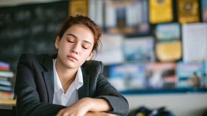 Solitary student in uniform sits near blackboard, eyes red with emotion, blurred posters of achievements on wall highlighting contrast with her self-doubt.