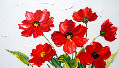 Oil painting of red flowers on white canvas. Palette knife technique. Hand drawn botanical art.
