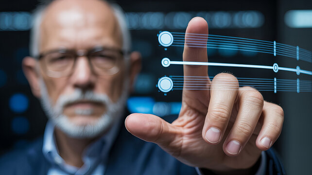 Data Analysis and Innovation: A distinguished data analyst engages with cutting-edge digital interface, as he thoughtfully assesses data and charts the trajectory of progress. 