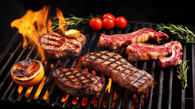 Meat heat rise: flying cut, scorched line, pepper flake, rich smoke, blazing coal, roasted scent, crisp burn, sear trail, juicy piece, spice dust, fire glow, strong taste, grilled flesh, thick slice