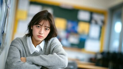 Solitary student in uniform sits near blackboard, eyes red with emotion, blurred posters of achievements on wall highlighting contrast with her self-doubt.