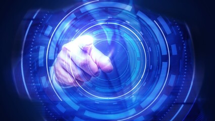 Futuristic Interface with Hand Touching a Digital Holographic Display in Blue Tones
