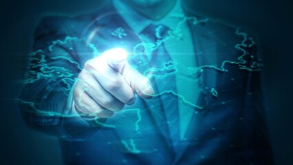 Businessman interacts with virtual global map in futuristic digital interface