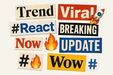 Text snippets related to trending topics, social media, and viral content, including Trend, Viral, React, Breaking News