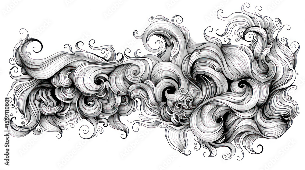 Poster black and white swirling patterns of hair-like forms with flowing curves and whimsical swirls on a c