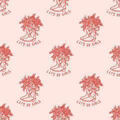 Seamless pattern with cowboy boots and bouquet decorated coquette bow ribbon. Hand drawing ink lettering Let's Go Girls. Background for wedding, bachelorette, cowgirls party. Rustic Boho Aesthetic