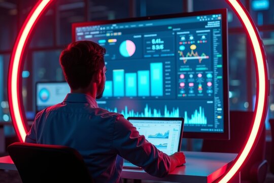 Futuristic Analyst Employee Surrounded by Neon Lights Works with Digital Spreadsheet Projected on Screen - Powered by Adobe