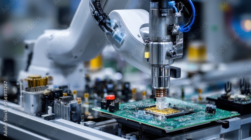 Poster a side view of a robotic arm poised to insert a microchip into a complex assembly process reflecting