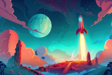 Cartoon spaceship taking off from a colorful alien planet surface with a big planet in the background and nebula clouds