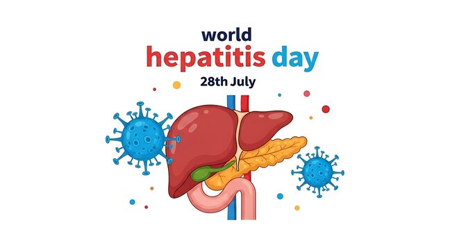 Commemorating World Hepatitis Day with an anatomical diagram with virus cells and pancreas health awareness campaign on
