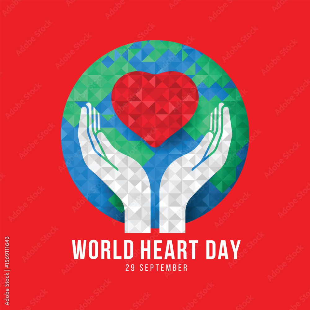 Poster world heart day - white hands hold up -red heart symbol in circle world globe with low poly texture 