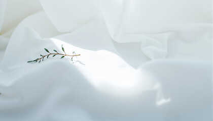 Close-up of a delicate white flower with green leaves against a soft white background, capturing the intricate details and gentle textures of the petals and foliage in a minimalist, elegant style