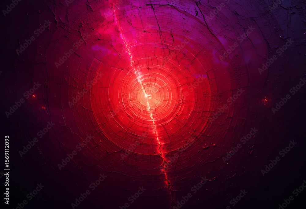 Poster abstract glowing red circular pattern with cracked textured surface and radiant center