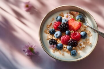 Overhead composition of a breakfast bowl with granola, yogurt and fresh berries, styled with a ceramic spoon on a light pastel backdrop.