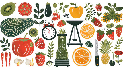 Illustration of Fresh Fruits and Vegetables with Cooking Elements for Culinary Designs and Food Blogs