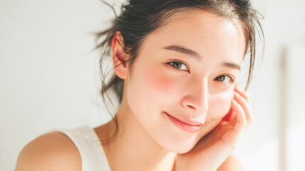 明るい部屋で頬杖をつきながら微笑む女性のバストアップ