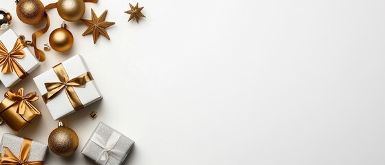 Gifts and gold holiday ornaments