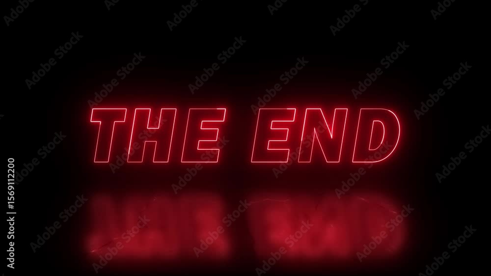 Poster neon the end text in red colour with reflection on black background