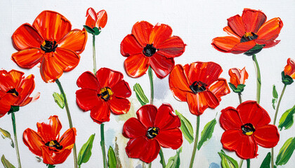 Oil painting of red flowers on white canvas. Palette knife technique. Hand drawn botanical art.