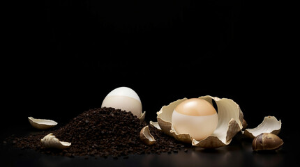 Close-up of broken eggshells and scattered soil against a black background, showcasing the fragility and natural textures of eggshells and earth with high contrast