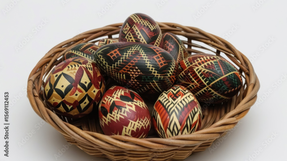 Poster handcrafted decorative eggs in a woven basket with intricate patterns and textures on a white backgr