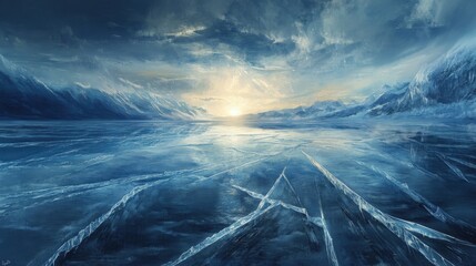 Fototapeta premium Frozen lake reflecting a sunrise over snow-capped mountains.