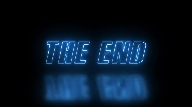 neon the end text in blue colour with reflection on black background