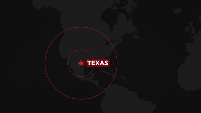 Texas state blinking on the world map 4k animation, alarm, flooding, news concept. Floods, climate change, usa