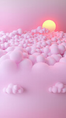 A vibrant pink sky with fluffy pink clouds and a bright yellow sun setting or rising over a dreamy, pastel-colored landscape