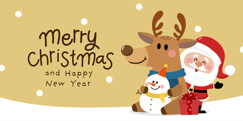 Merry Christmas and happy new year 2026 greeting card with cute Santa Claus, deer and snowman. Holiday cartoon character in winter season. -Vector.