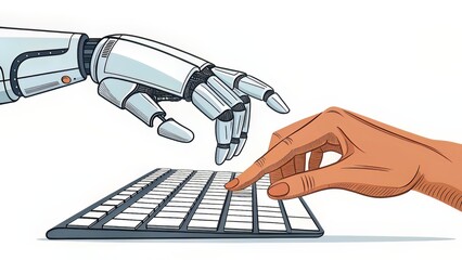 Robotic and Human Hands Near Keyboard Symbolizing AI and Human Synergy