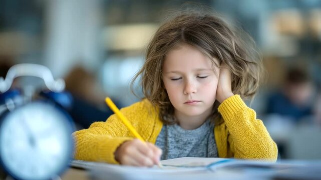 Young girl doodling aimlessly in notebook, eyes unfocused, classroom clock above her ticking loudly, symbolizing pressure and emotional overwhelm.
