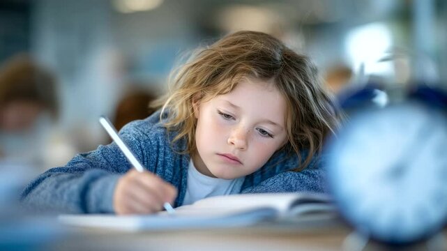 Young girl doodling aimlessly in notebook, eyes unfocused, classroom clock above her ticking loudly, symbolizing pressure and emotional overwhelm.