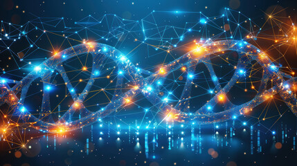 Obraz premium Abstract Digital Illustration of DNA Helix Structure with Blue and Orange Glowing Lights and Geometric Connections in a Futuristic Setting