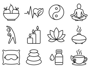 Wellness icon set with yoga, tea, candles, and balance. Vector icon. Editable stroke.