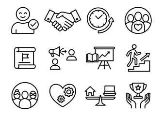 Employer branding icon set with teamwork, growth, values. Vector icon. Editable stroke.
